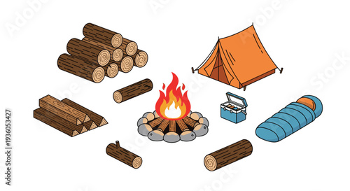 An isometric illustration displays various camping essentials including a burning campfire, stacked logs, a tent, a cooler, and a sleeping bag arranged on a clean white backdrop.