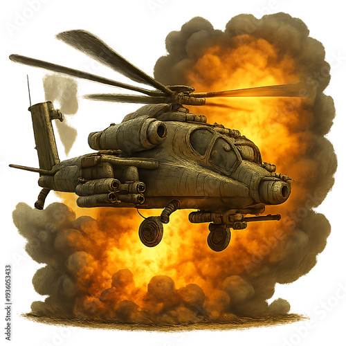 Military Helicopter in Explosion, Combat Aircraft in Action