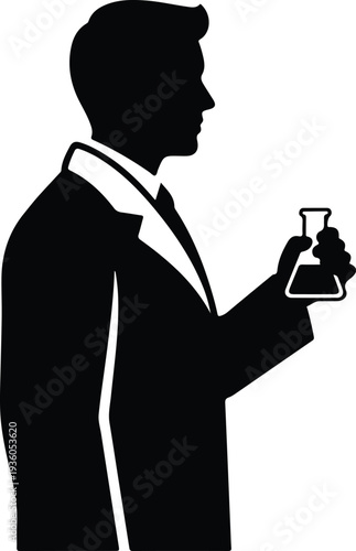 Silhouette of scientist holding flask in a formal suit vector illustration