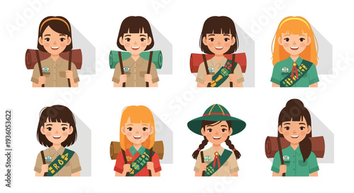 Illustration of diverse Girl Scouts in various poses and outfits, celebrating Girl Scout Day with camping gear and sashes, against a clean white background