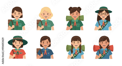 Illustration of diverse kids in scout uniforms camping and celebrating Girl Scout Day with eco-friendly gear and nature exploration