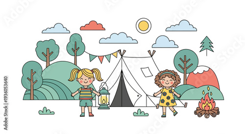 Two children celebrate Girl Scout Day with a camping scouting activity in a colorful outdoor nature setting with a tent and campfire