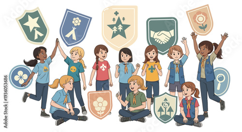 Diverse group of children celebrating Girl Scout Day with colorful badges and emblems in a joyful illustration