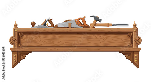 A detailed wooden workbench or decorative shelf, adorned with carved elements and brass accents, holds a hand plane, saw, hammer, and chisel on a white background.