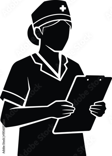 Silhouette professional female nurse holding a medical clipboard vector illustration