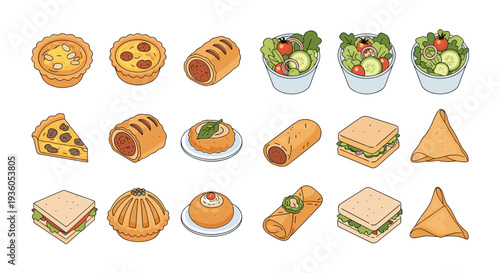 A diverse collection of twenty isometric food items, including various pastries, salads, sandwiches, and savory snacks, is neatly arranged in rows on a bright white background.