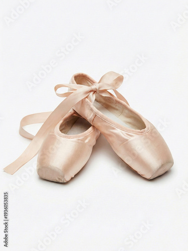 Pair of Pink Satin Ballet Pointe Shoes with Ribbon Laces on White Background