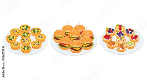 Three round white plates are meticulously arranged with assorted miniature appetizers, showcasing savory quiches, small cheeseburgers, and sweet fruit tarts on a clean white surface.
