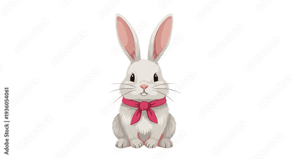 Obraz premium A charming white rabbit with long ears and a fluffy coat is sitting upright, adorned with a pink bow around its neck, against a clean white background.