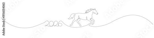 Single line illustration of a horse running next to the year 2026, one line drawing of a galloping stallion and numbers featuring a clean contour and a smooth flowing line.