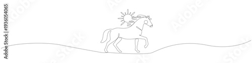 Single line illustration of a horse walking under a shining sun, one line drawing of an equine figure with a minimalist unbroken linear form and a modern abstract linear silhouette.