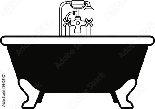 A black and white illustration of a clawfoot bathtub with a faucet