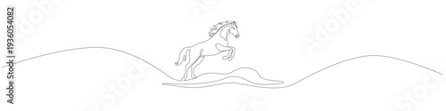 One line drawing of a powerful stallion jumping over obstacles, single line illustration featuring a leaping horse with clean contour and smooth flowing line in a minimalist modern style.