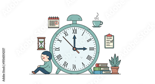 A cartoon man sits on the floor next to a large teal alarm clock with Roman numerals, surrounded by books, a plant, a calendar, an hourglass, a coffee cup, and a to-do list on a white background.