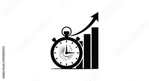 Business time management concept with stopwatch clock and growing bar chart graph with upward arrow, symbolizing productivity and efficiency in modern office work