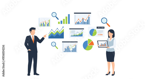 A man and a woman stand presenting various floating data visualizations including bar charts, line graphs, and pie charts, accompanied by magnifying glasses on a white background.