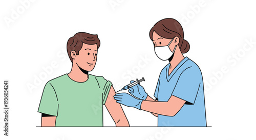 A cartoon nurse in blue scrubs, a white face mask, and blue gloves administers a vaccine injection into the upper arm of a smiling man wearing a green t-shirt on a white background.