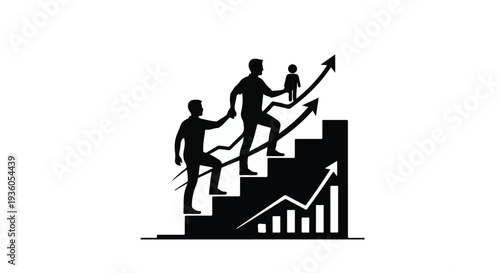 Business people climbing stairs to success with growing graph and arrow, representing career growth and progress in corporate setting