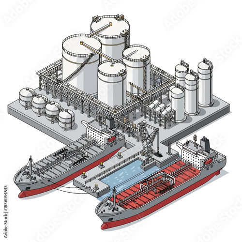 Industrial port with oil tankers and storage tanks.