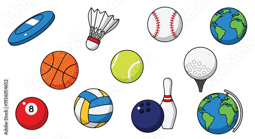 A diverse collection of sports equipment including balls, a shuttlecock, a frisbee, and two globes are scattered on a white background.
