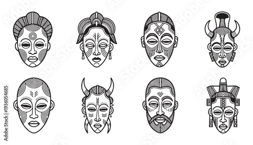 Set of 8 African tribal masks vector icons