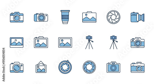 Camera icons set photography and optics