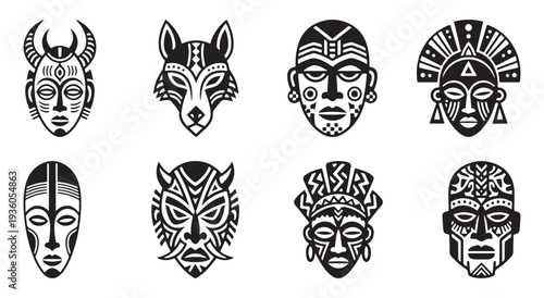 Set of 8 African tribal mask vector icons in black and white