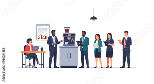 A diverse group of business professionals gathers around a coffee machine in an office, while one woman works at a laptop.
