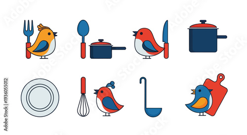 Cartoon birds with kitchen utensils illustration