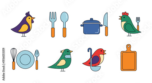 Cartoon birds and kitchen utensils