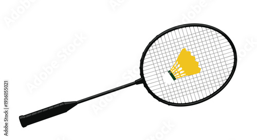 A black badminton racket with a white string pattern and a yellow shuttlecock are prominently featured on a stark white background.