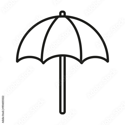 Minimalist black and white line drawing of a beach umbrella with a rounded canopy and straight pole.