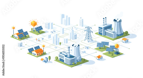An isometric illustration showcases a smart city energy grid with power plants, solar panels, and buildings interconnected by power lines.