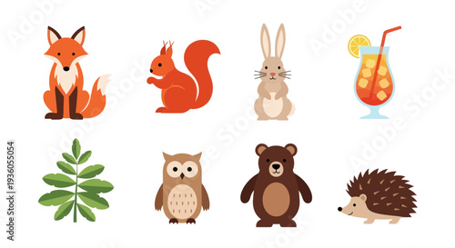 Cartoon forest animals and drink illustration
