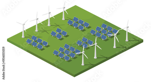 An isometric illustration displays a green field with multiple wind turbines and solar panel arrays generating renewable energy.