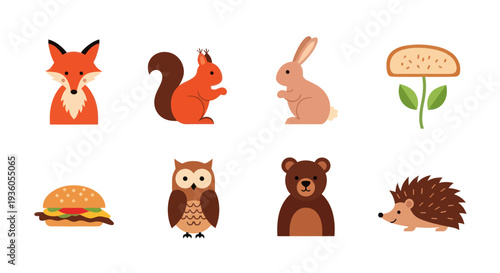 Cartoon forest animals and food elements
