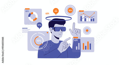 Vector illustration of a man wearing VR headset with infographic elements