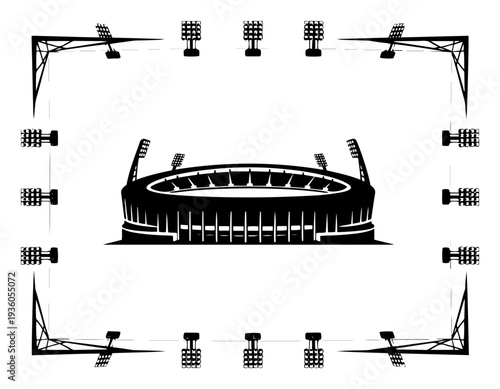 Modern soccer stadium arena surrounded by professional floodlight towers in a clean vector silhouette