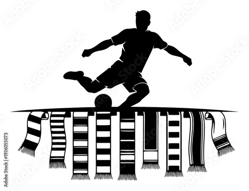 Professional soccer player kicking the ball above a row of diverse fan scarves in silhouette style
