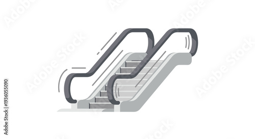 Two escalators with solid grey side panels and darker grey steps are depicted with subtle motion lines on a pure white background.