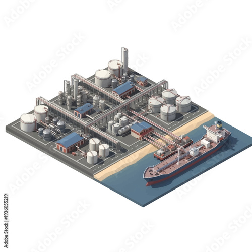 Isometric view of a large industrial oil refinery and chemical plant with a cargo ship docked at the pier.