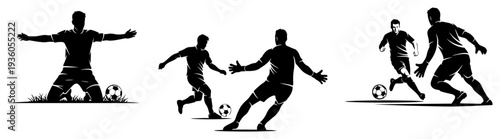 Set of soccer player silhouettes in different action poses during a football game
