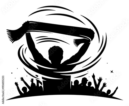 Enthusiastic soccer fan holding a scarf over head while cheering in the stadium crowd