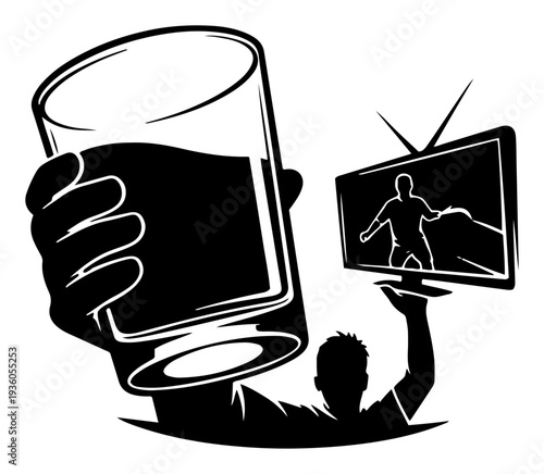 Football fan holding a large beer glass and watching a soccer match on television