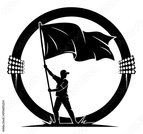Soccer supporter silhouette holding a flag in a stadium circle with floodlights