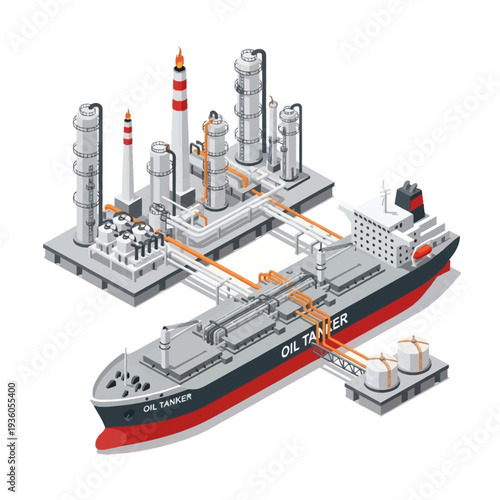 Oil Tanker and Refinery Complex Isometric Illustration.
