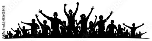 Large silhouette of a cheering crowd of football fans celebrating a goal victory banner