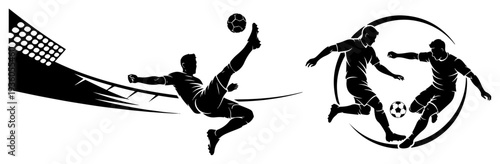 Soccer players in action performing bicycle kick and dribbling during a match silhouette