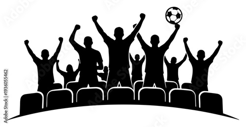 Group of enthusiastic soccer fans cheering for their team in the stadium bleachers