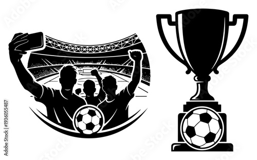 Football championship celebration elements featuring fans taking selfies and a winners trophy cup